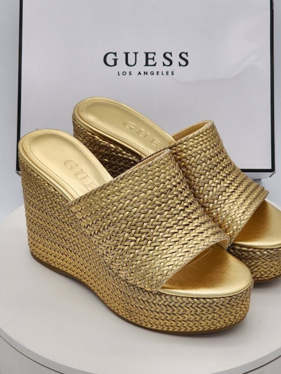 GUESS Shoes - GUESS Yenisa Gold Woven Platform Wedge Slide Sandals Women's Size 7 M